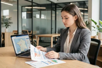 Jeune alternante en Master 2 consultant des données salariales régionales sur ordinateur portable dans un open space moderne