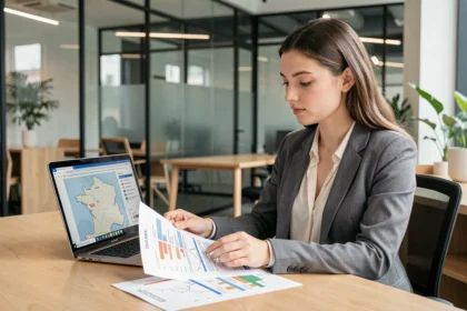Jeune alternante en Master 2 consultant des données salariales régionales sur ordinateur portable dans un open space moderne