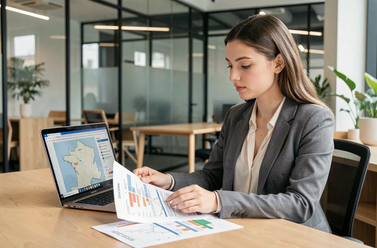 Jeune alternante en Master 2 consultant des données salariales régionales sur ordinateur portable dans un open space moderne
