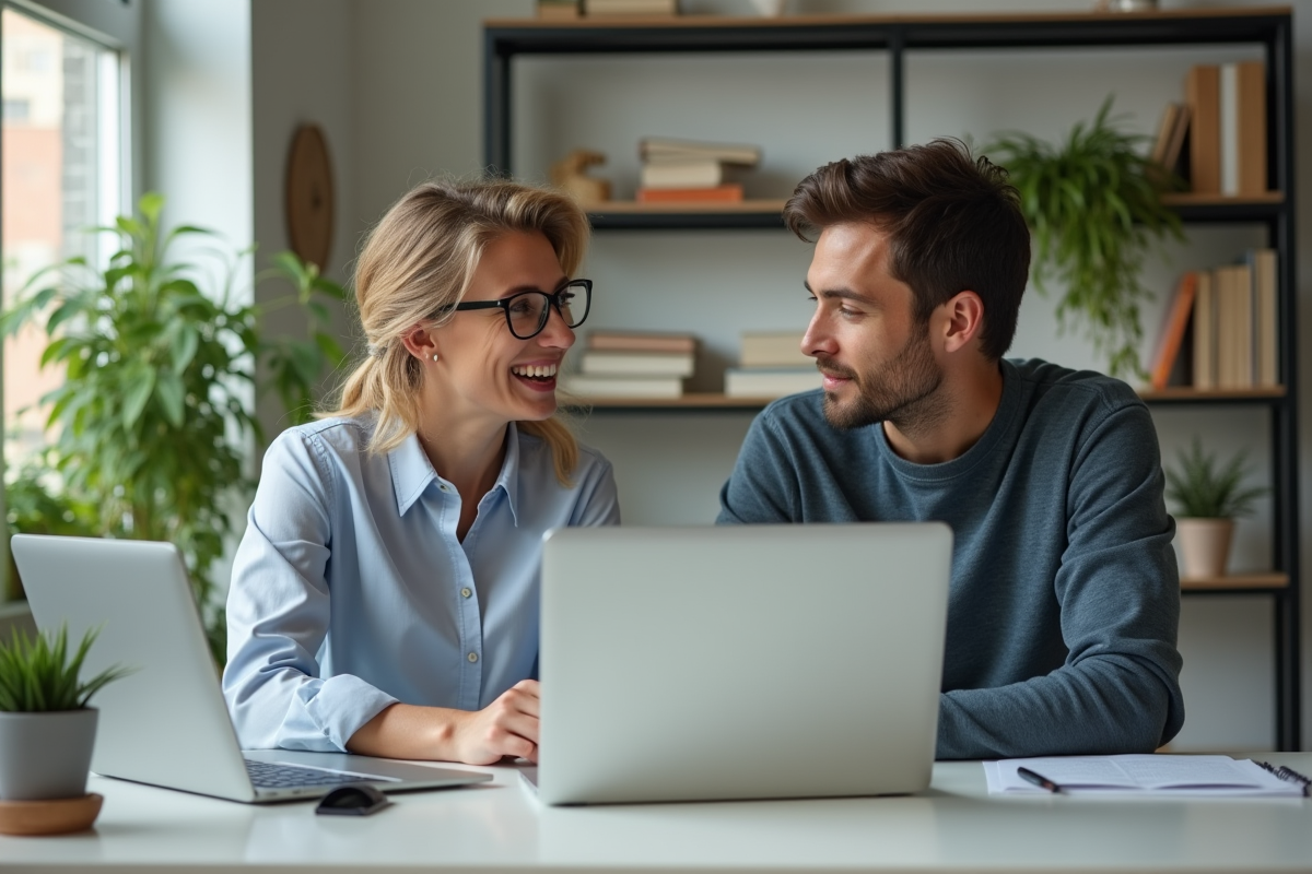 Manager senior mentorant un jeune collaborateur au bureau
