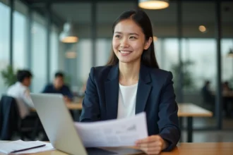 Jeune femme STMG en poste dans un bureau moderne, consultnt des documents financiers sur un ordinateur portable