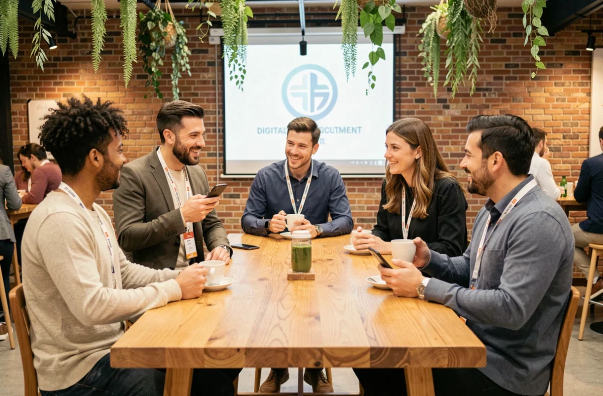 Groupe de jeunes professionnels en networking lors d'une pause d'une conférence digitale à Paris, échangeant sur les attentes des recruteurs