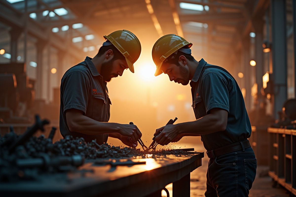 Deux ouvriers en atelier industriel collaborant sur du métal