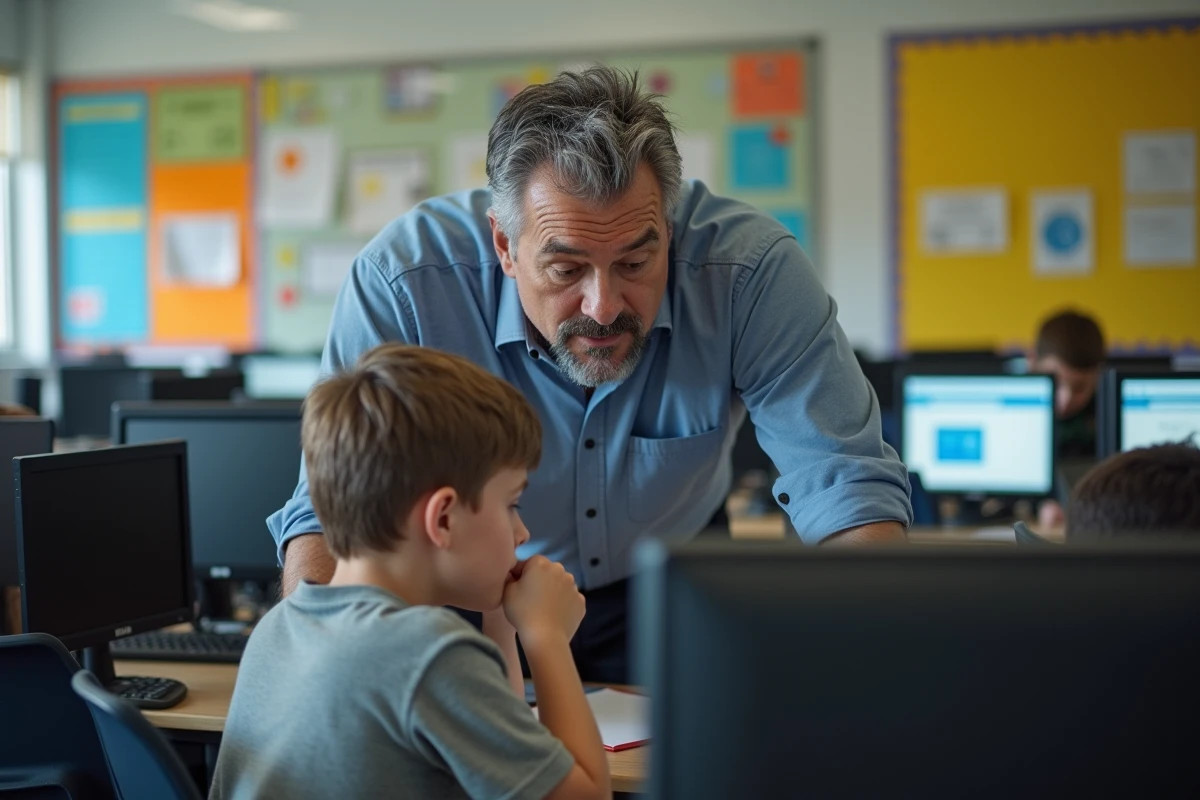 Père et fils dans une salle informatique scolaire