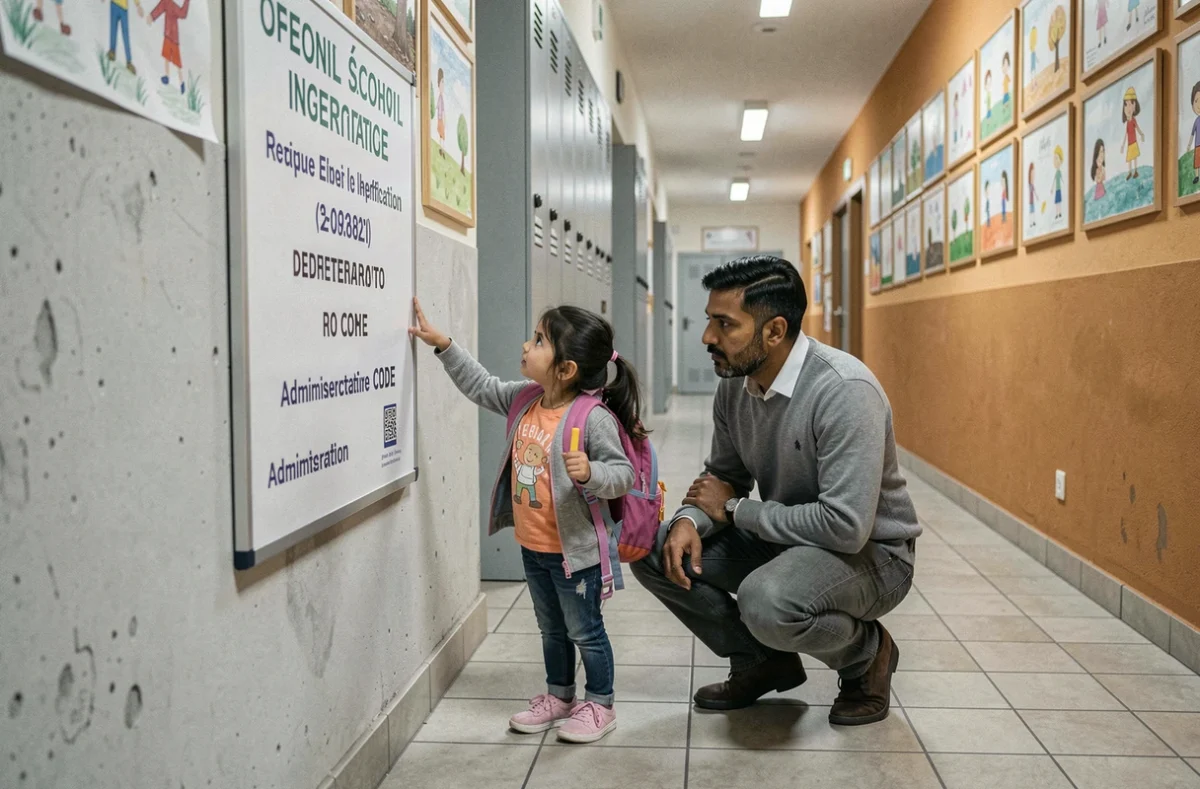 Un père et sa fille devant un panneau d'information affichant le code UAI dans le couloir d'une école publique française