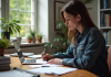 Personne travaillant à un bureau avec ordinateur et notes