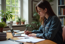 Personne travaillant à un bureau avec ordinateur et notes