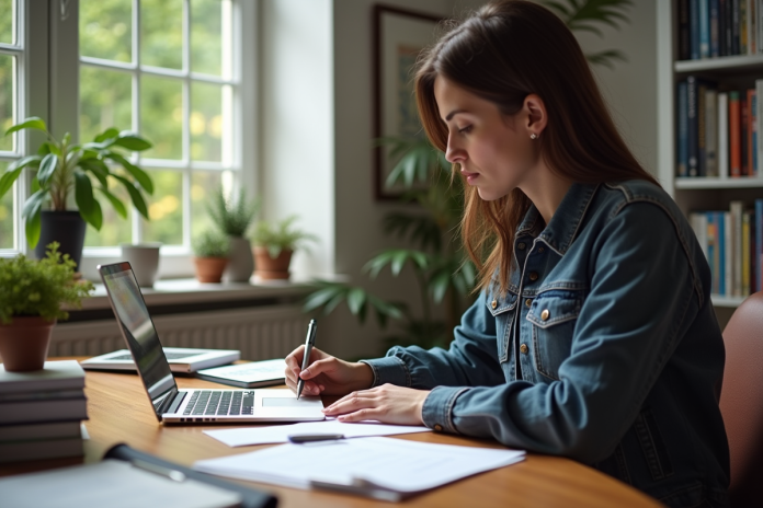 Personne travaillant à un bureau avec ordinateur et notes
