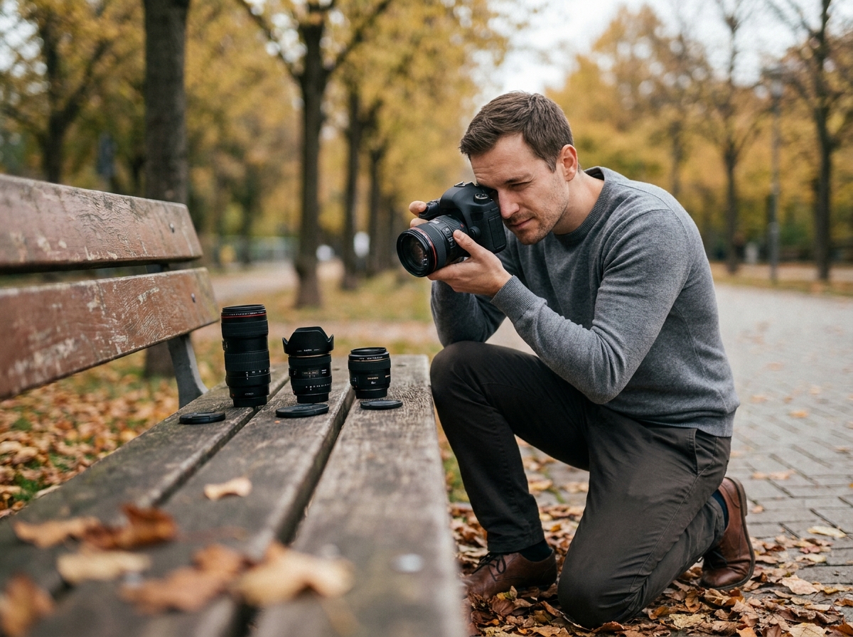 Photographe homme en extérieur dans un parc urbain photographiant une collection d'objectifs posés sur un banc en bois en automne