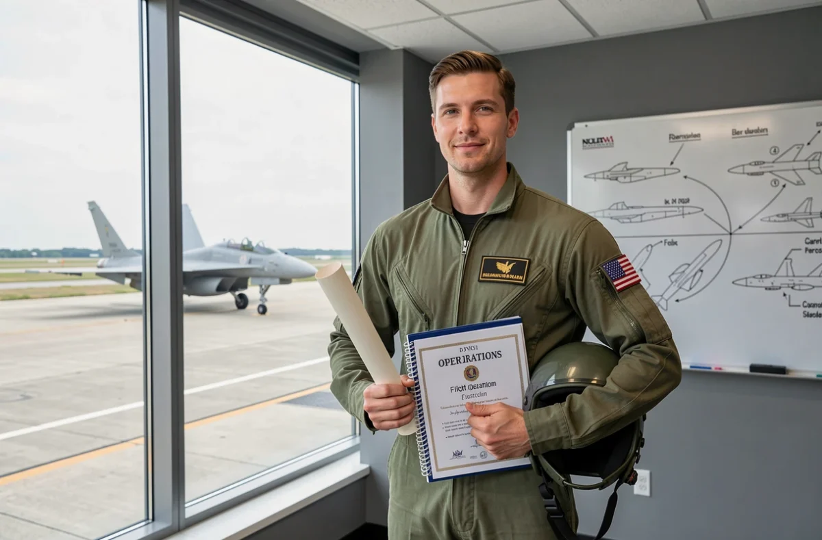 Pilote de chasse en tenue militaire tenant un diplôme devant un aérodrome avec un avion de combat en arrière-plan