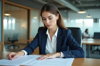 Femme fonctionnaire en blazer marine planifiant sa carrière d'assistante cheffe de section sur des documents étalés sur un bureau administratif moderne
