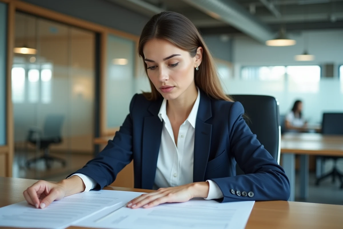 Femme fonctionnaire en blazer marine planifiant sa carrière d'assistante cheffe de section sur des documents étalés sur un bureau administratif moderne