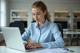 Femme professionnelle effectuant sa première connexion SCEI sur un ordinateur portable en consultant une checklist imprimée