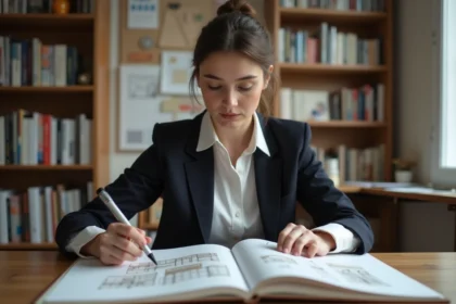 Étudiante préparant son dossier d'entrée à l'école Gobelins avec un portfolio de design