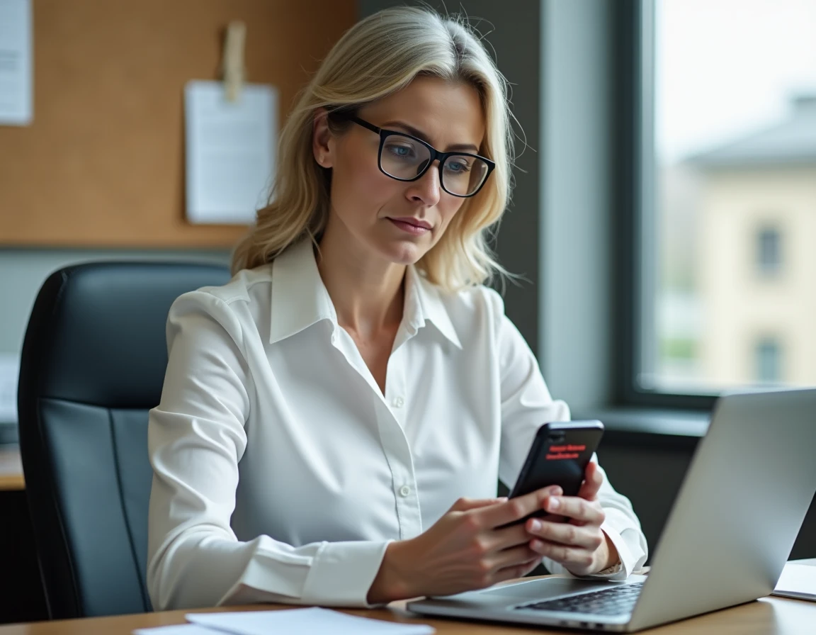 Employée administrative d'université confrontée à une erreur de connexion sur smartphone et ordinateur portable EduServices