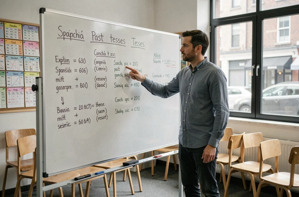 Professeur d'espagnol expliquant les temps du passé sur un tableau blanc dans une salle de cours