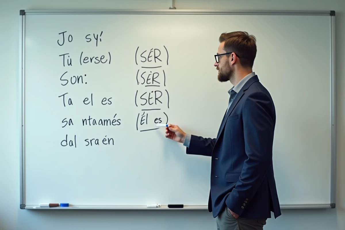 Professeur d'espagnol expliquant la conjugaison du verbe SER au tableau blanc dans une salle de classe moderne