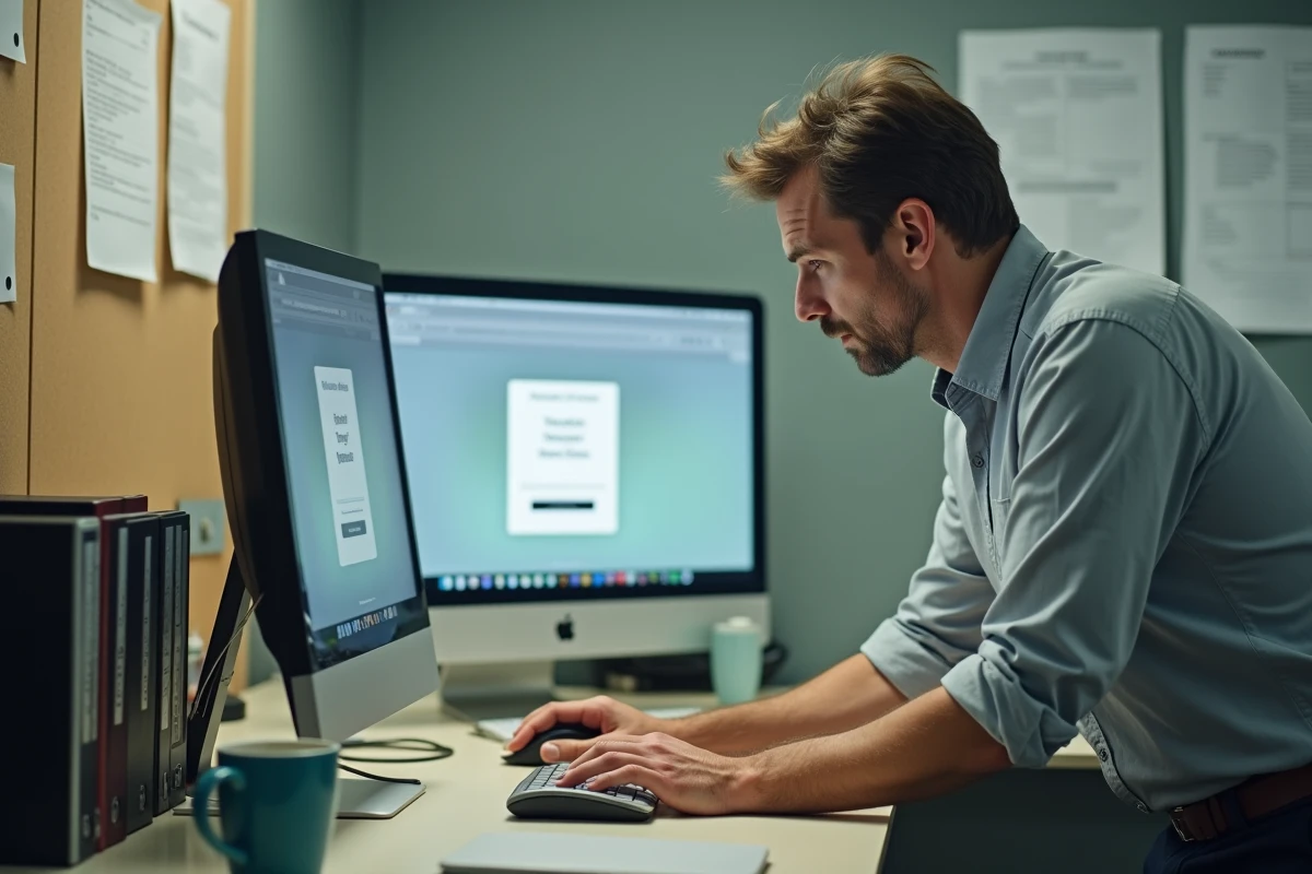 Professeur masculin tentant de se connecter à IProf depuis un poste informatique dans un bureau scolaire