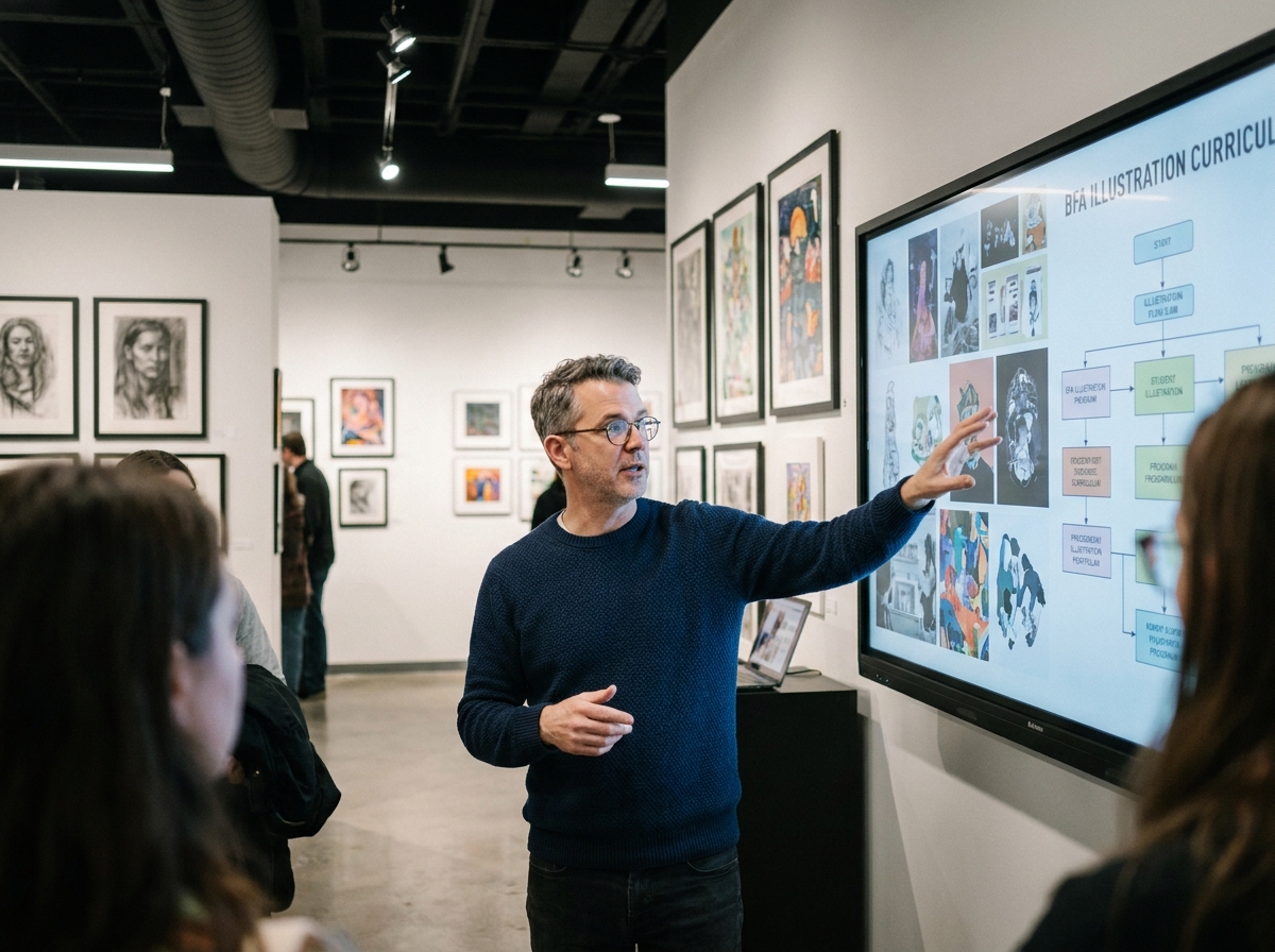 Professeur d'école d'art présentant des portfolios d'illustration lors d'une journée portes ouvertes