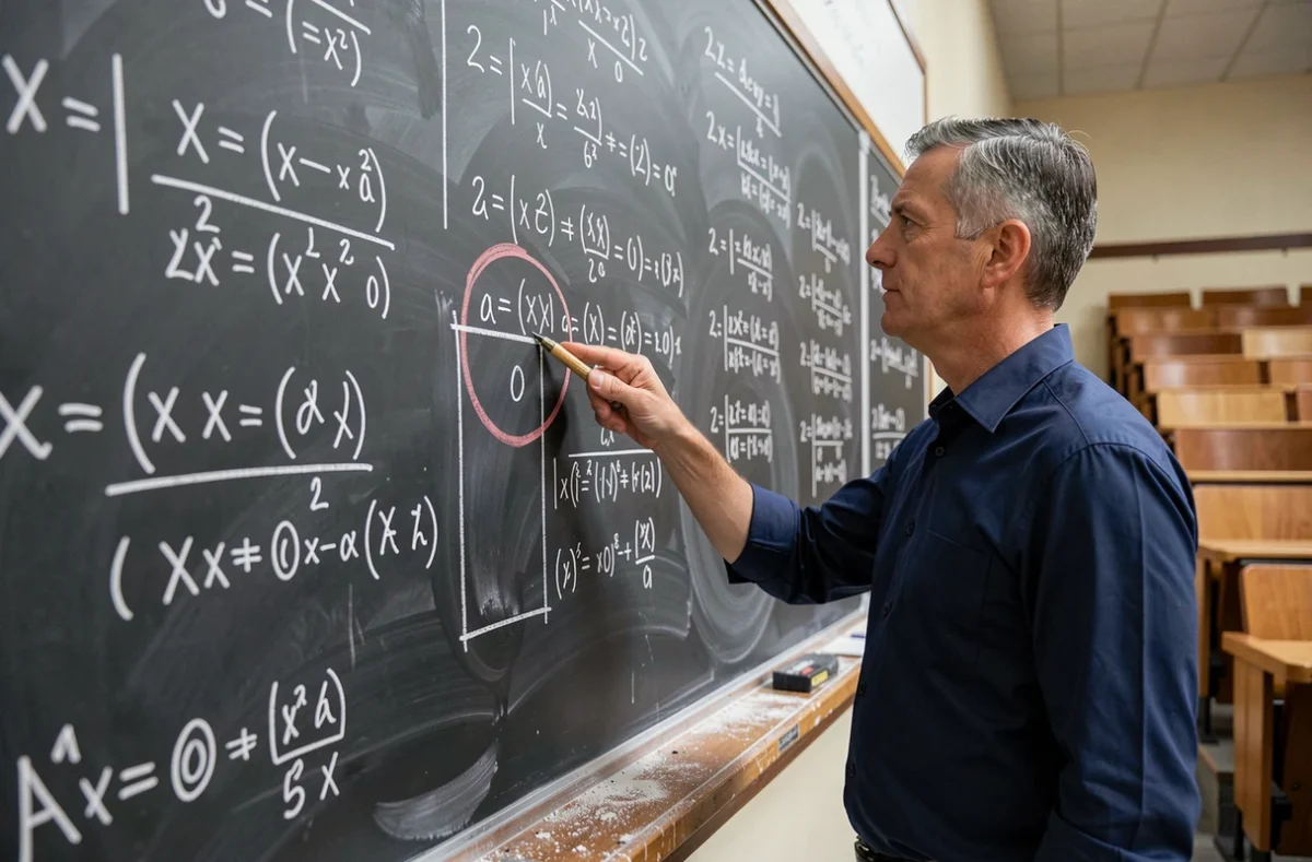 Professeur de mathématiques expliquant le cas d'un déterminant nul rendant l'inversion d'une matrice 2x2 impossible au tableau noir