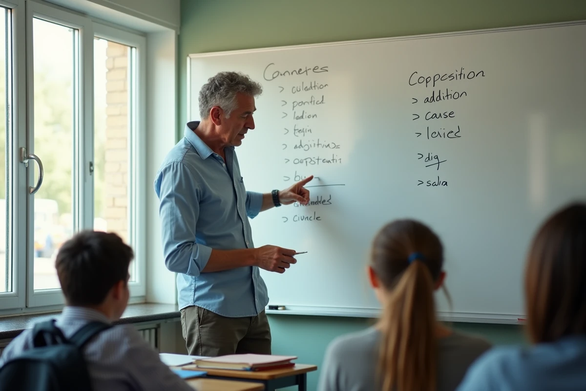 Professeur de lycée expliquant les connecteurs logiques au tableau blanc devant sa classe