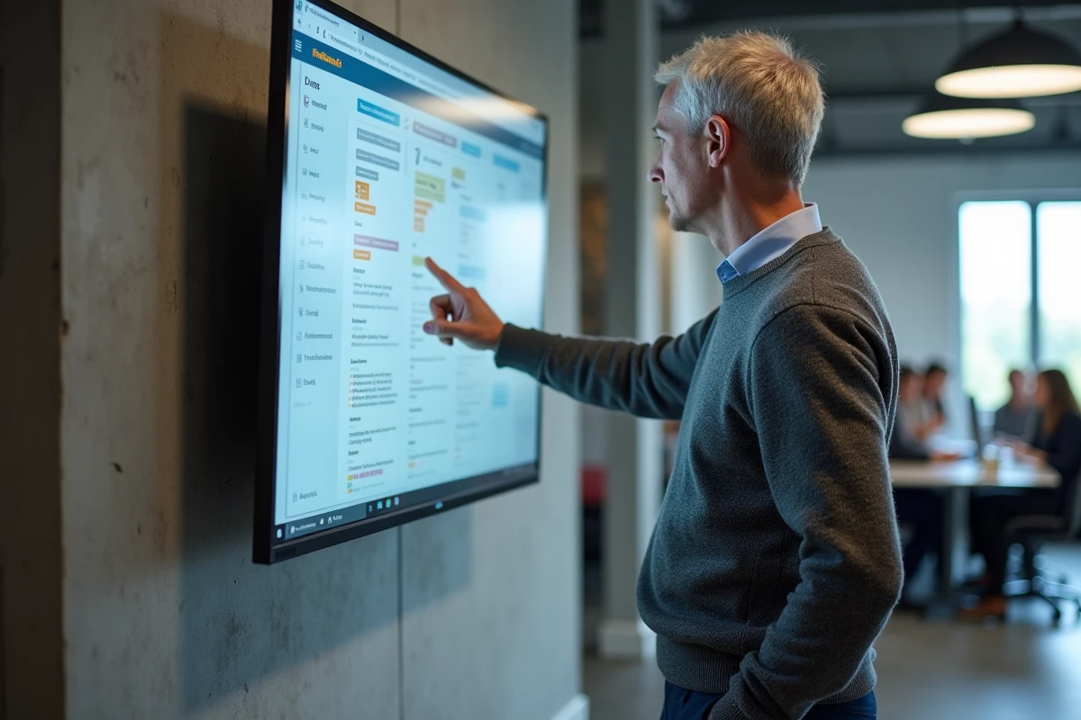 Professeur présentant l'organisation d'un cours Moodle sur grand écran dans un espace collaboratif universitaire