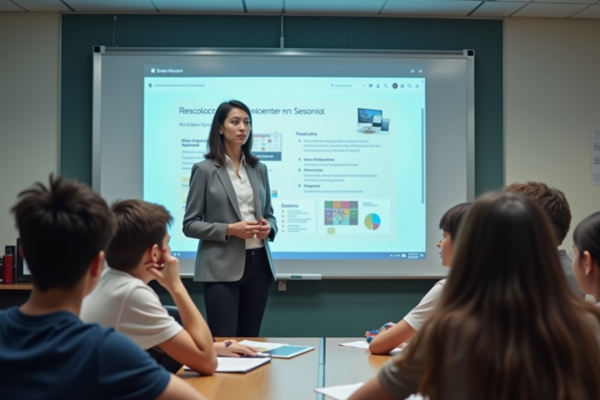 Enseignant expliquant des ressources numériques aux élèves