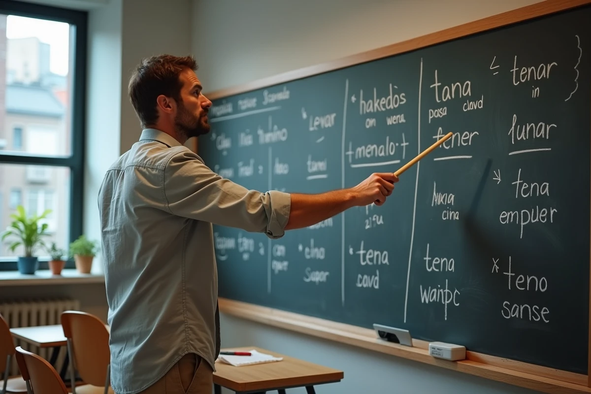 Professeur expliquant le passé simple du verbe tener au tableau avec des techniques visuelles mnémotechniques