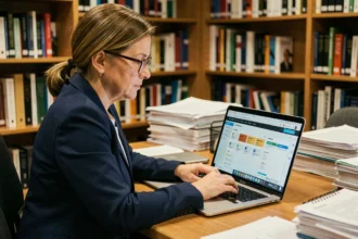 Professeure utilisant une plateforme de gestion de cours en ligne sur son ordinateur dans un bureau universitaire