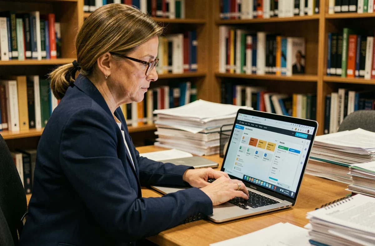 Professeure utilisant une plateforme de gestion de cours en ligne sur son ordinateur dans un bureau universitaire
