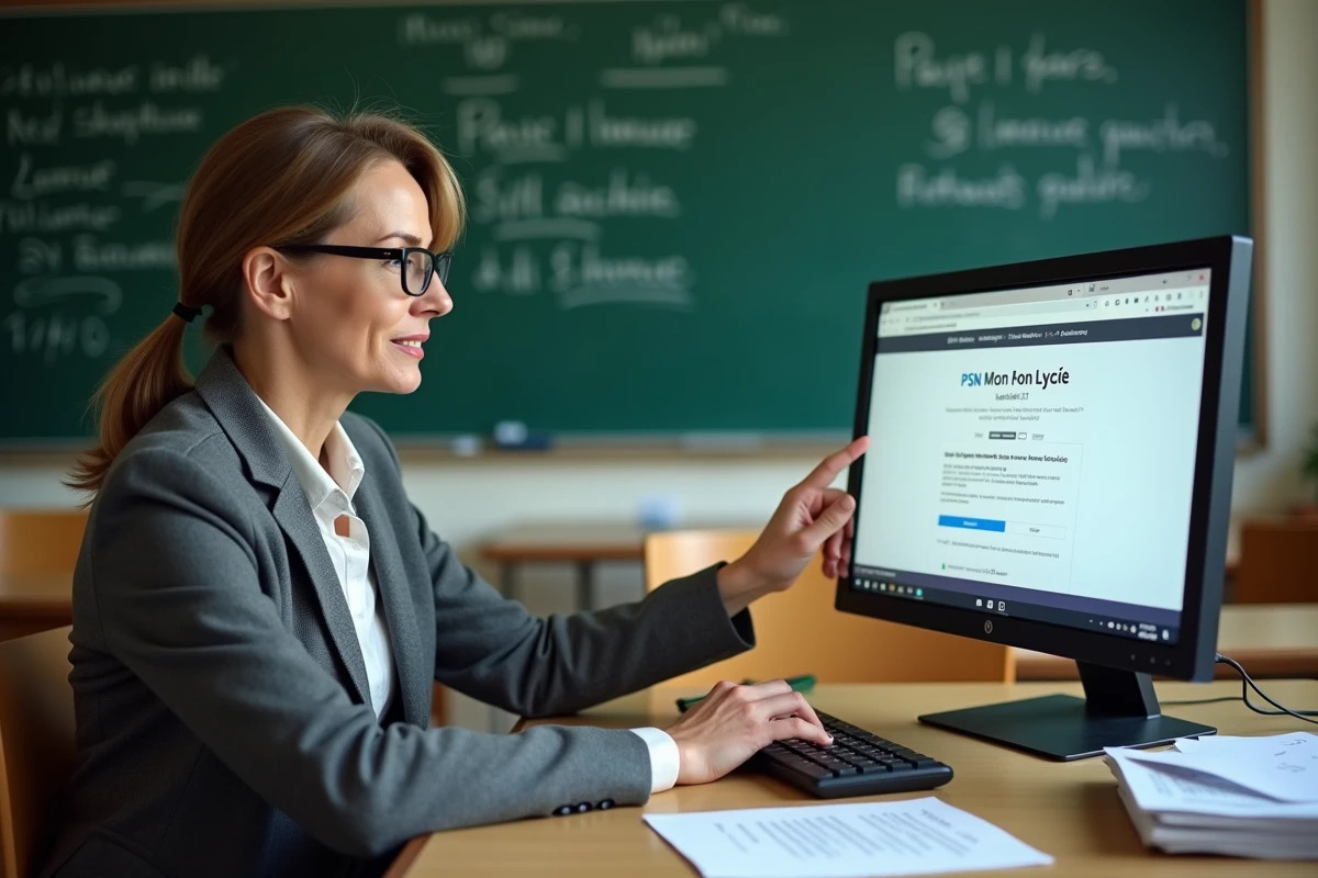 Professeure montrant une solution au problème de connexion PSN Mon Lycée sur un ordinateur de classe