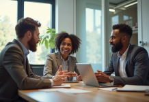 Trois professionnels divers en discussion dans un bureau moderne