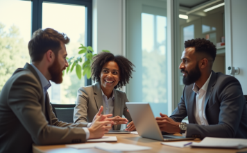 Communication efficace : 3 caractéristiques incontournables pour réussir! Trois professionnels divers en discussion dans un bureau moderne