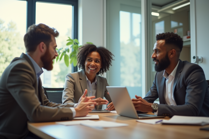 Trois professionnels divers en discussion dans un bureau moderne