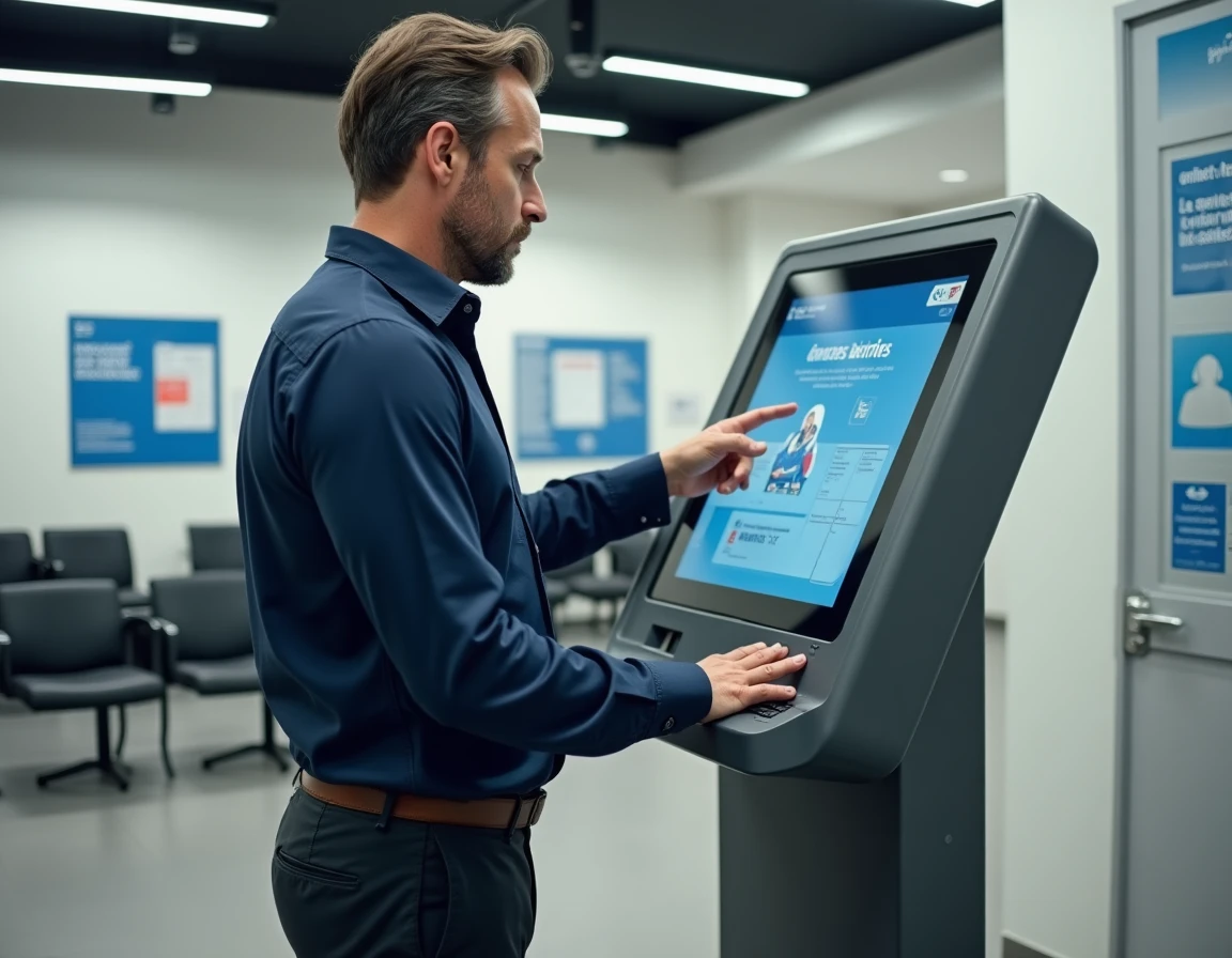 Homme utilisant une borne numérique dans une agence France Travail pour se réinscrire
