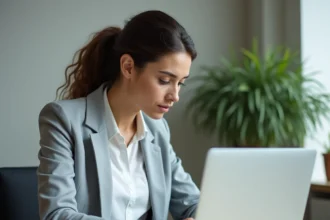 Femme réinscrite sur France Travail depuis son espace personnel en ligne à domicile
