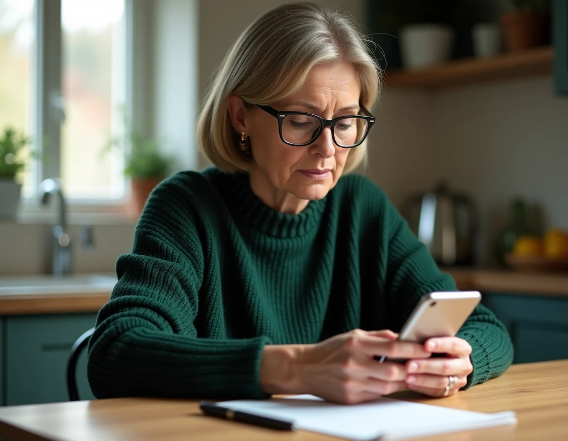 Femme consultant son espace France Travail sur smartphone avec des documents administratifs