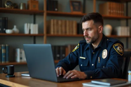 Réserviste de la police nationale suivant une formation en ligne sur la plateforme ECampus Police depuis son bureau à domicile