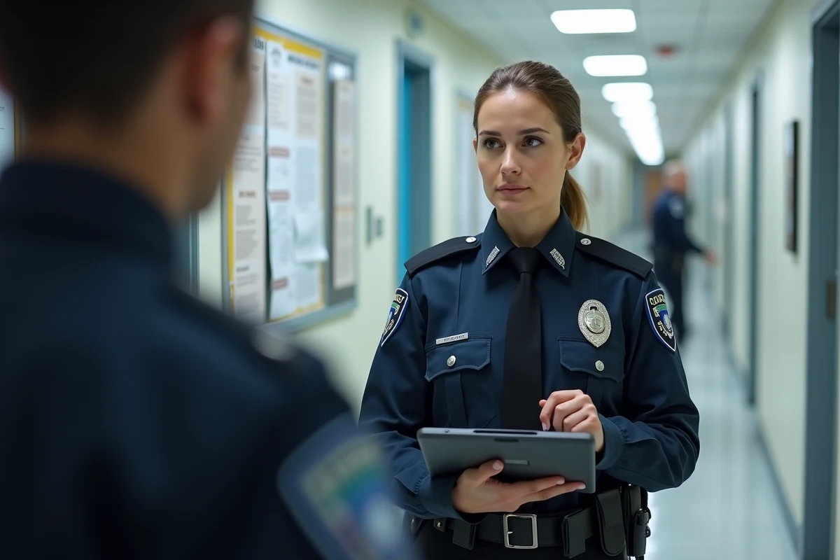 Réserviste féminine de la police consultant un programme de formation ECampus sur tablette dans un couloir de centre de formation