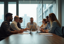 Zimbra du CD66 : un levier de collaboration interne Salle de réunion moderne avec collègues divers discutant