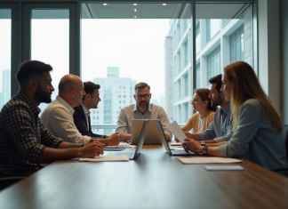 Zimbra du CD66 : un levier de collaboration interne Salle de réunion moderne avec collègues divers discutant