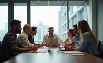 Salle de réunion moderne avec collègues divers discutant