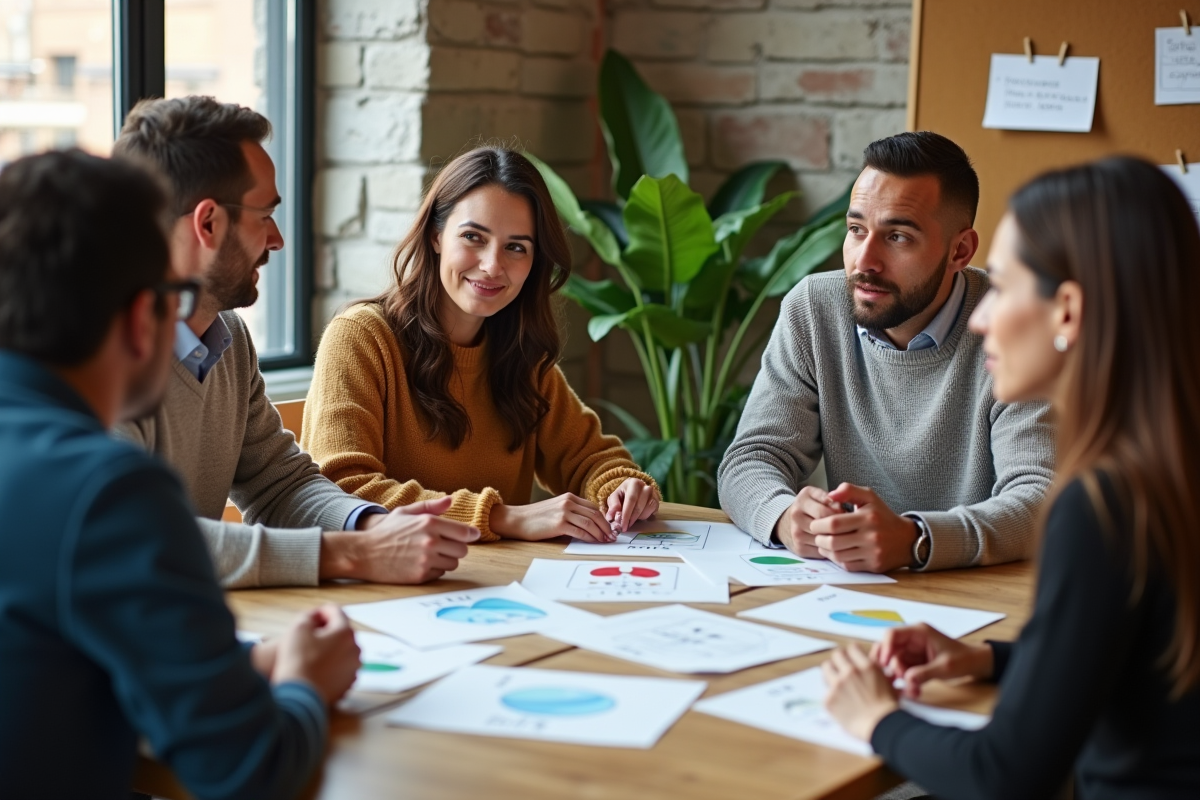 Groupe de quatre professionnels discutant autour de cartes