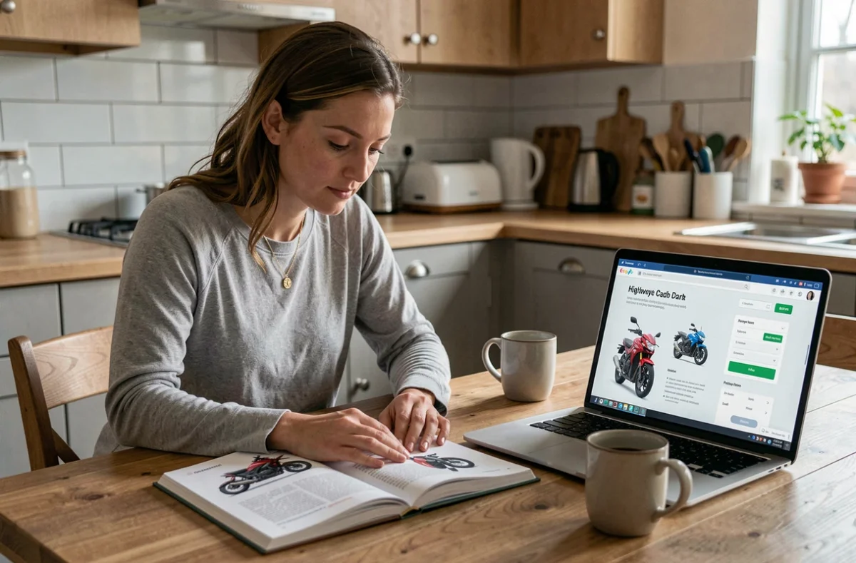 Femme révisant le code de la route moto sur un livre et un ordinateur portable à la maison