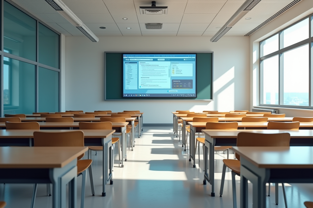 Salle de classe vide avec écran digital lumineux