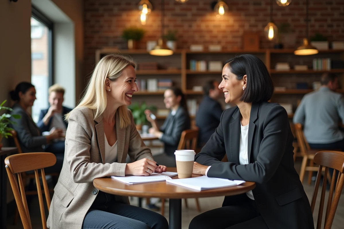Séance de coaching en développement personnel entre deux femmes dans un café pour travailler sur les croyances limitantes