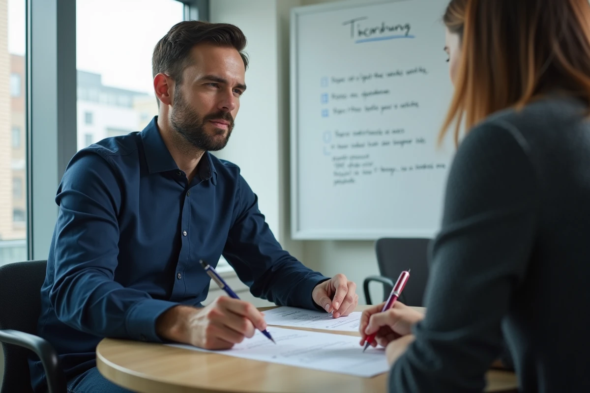 Homme en séance de coaching TOEIC avec un formateur analysant ensemble les résultats d'un test blanc