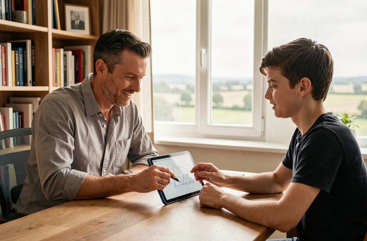 Le tuteur Sébastien Guedes expliquant un problème de géométrie sur tablette à un adolescent dans un bureau moderne à domicile