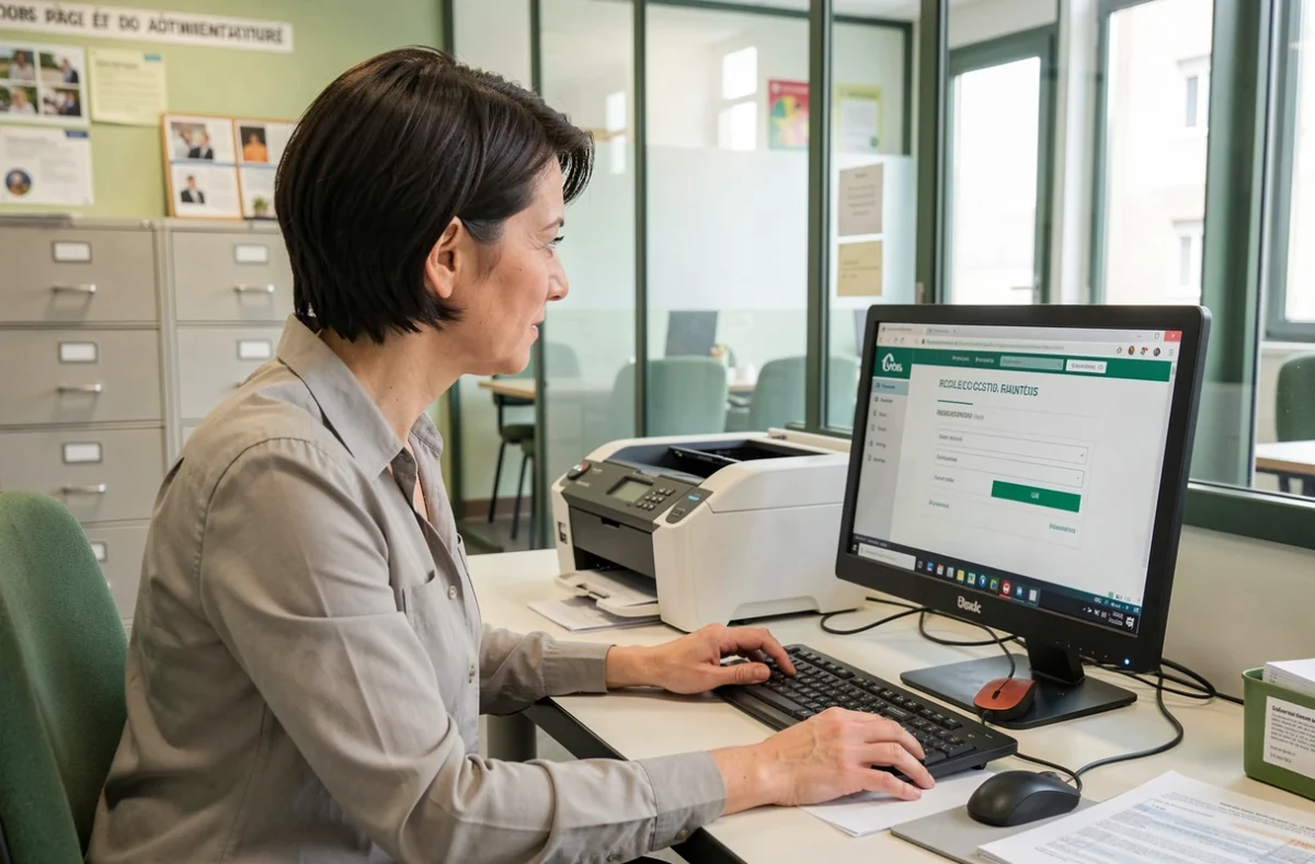 Une secrétaire scolaire consulte le portail officiel de l'Éducation nationale avec le code UAI affiché sur son écran