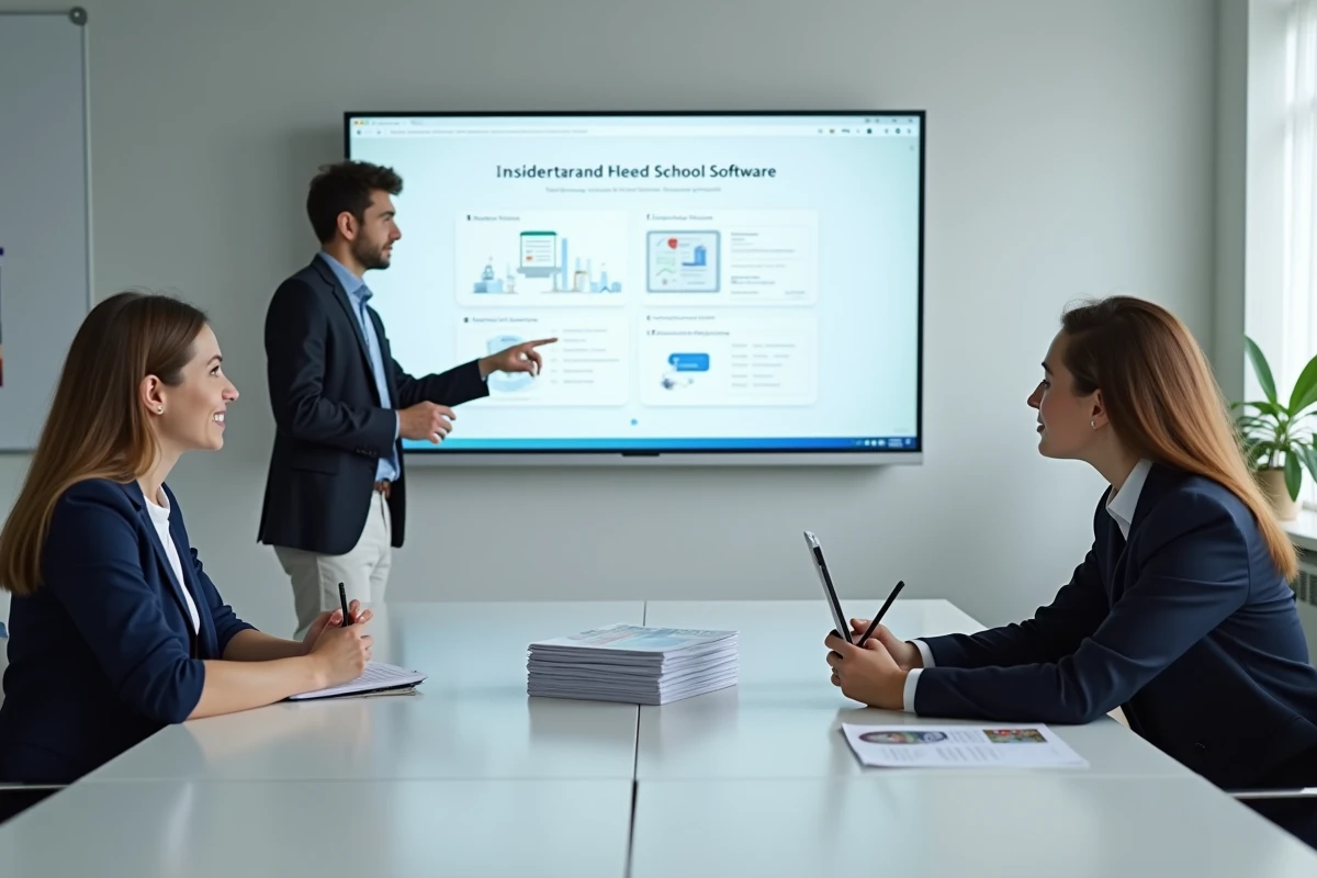 Équipe d'encadrants scolaires en session de formation collective sur un logiciel de gestion d'établissement